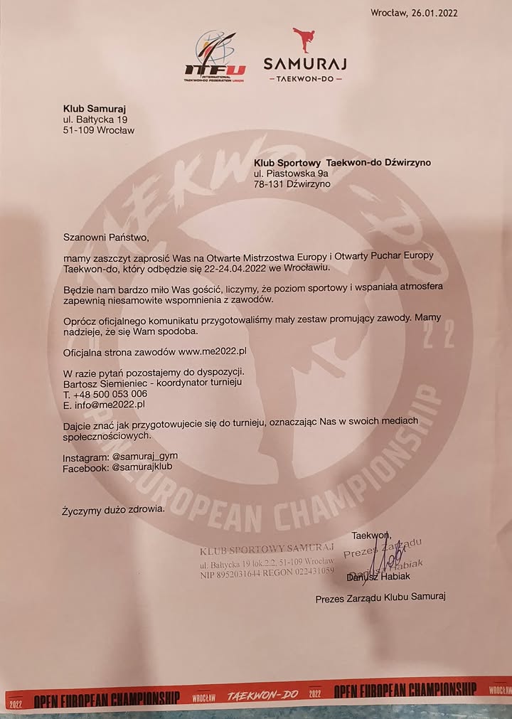 Dziękujemy klubowi SAMURAJ Wrocław za pamięć i zaproszenie.